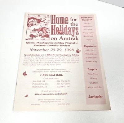 Amtrak Northeast Corridor Special Thanksgiving Timetable 1998 Passenger Rail - Image 1 of 2