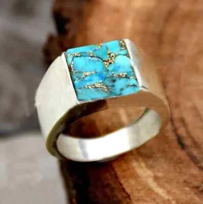 Solid 925 Sterling Silver AA Natural Copper Turquoise Gemstone Signet Men's Ring - Image 1 of 4