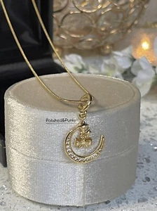 18kt vergoldet Mond Sterne und Schleife Halskette Himmelsanhänger Goldkette Box - Bild 1 von 4