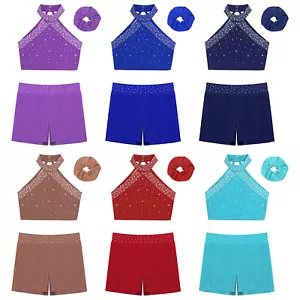Mädchen Set Neckholder Anzug Wettbewerb Activewear Tanzbekleidung Outfit Sport - Picture 1 of 77