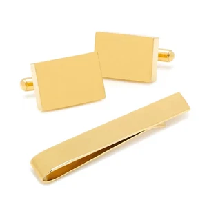 Engravable Rectangle Gold Cufflinks and Tie Bar Gift Set - Picture 1 of 7