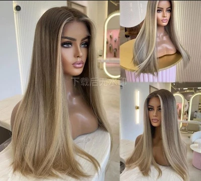 Peluca de cabello 100 % virgen gris dorado Balayage 250 densidades resaltado 13x4 encaje frontal Foto 1 de 3