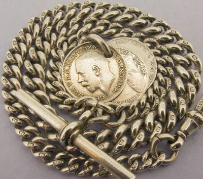 Cadena de reloj de bolsillo victoriano Albert de plata esterlina maciza y 3 llaveros para monedas Bir 1893 Foto 1 de 4