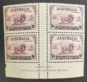 1934 Australia Ash Imp Blk 4X9d Pple Macarthur Merino Sheep stamps Mint Cat $375 - Picture 1 of 2
