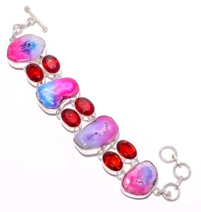 Natural Rainbow Solar Quartz Drusy, Garnet Silver Plated Bracelet 7-8" M14 - Picture 1 of 5