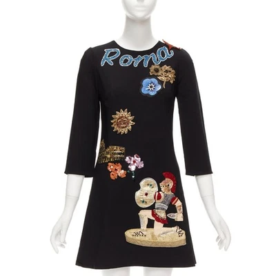 DOLCE GABBANA Pasarela Negro Roma Warrior Lentejuelas Cuero Parche Vestido Recambio IT38 XS Foto 1 de 4