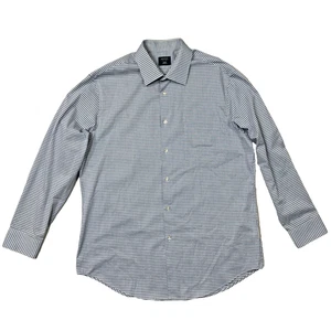 Arrow Fitted Stretch Blue Gray White Gingham Check Large Shirt 16-16.5 32-33 - Picture 1 of 24
