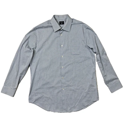 Arrow Fitted Stretch Blue Gray White Gingham Check Large Shirt 16-16.5 32-33 - Image 1 of 4