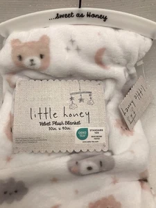 Little Honey Teddy Bear Face Baby Blanket Velvet Plush Lovey Security Baby Gift - Picture 1 of 11