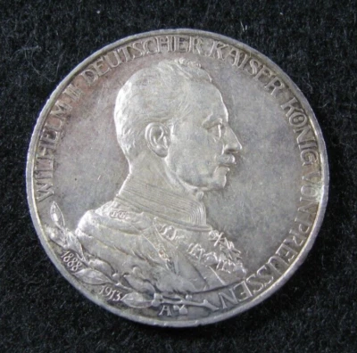 1913 A ALEMANIA - PRUSIA - 3 marcos de plata AU - KM # 535 - Guillermo II Foto 1 de 2
