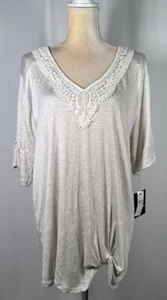 I.N. Studio Women Blouse Tunic 3X Shirt Top Short Sleeve Stretch Boho Lace Beige - Picture 1 of 14