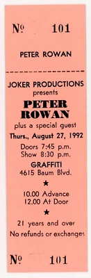 Peter Rowan Concert Ticket Graffiti Showcase Pittsburgh, PA 1992 - Image 1 of 2