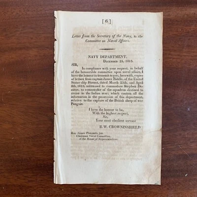 1815 Letter Detailing Capture of British Sloop of War Penguin / War of 1812 - Image 1 of 4