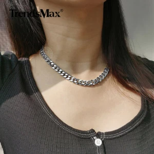 Trendsmax 9MM 16'' Mens Chain Silver Stainless Steel Curb Cuban Necklace Choker - Picture 1 of 3