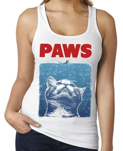 â„ PAWS Jaws parodia Racerback Camiseta sin mangas Gato divertido Dama Animal amante de la pelĂcula noche - Imagen 1 de 6