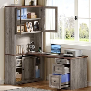 L Shaped Executive Desk with Hutch & Drawers for Home Office w/Power Outlet Gray - Picture 1 of 9