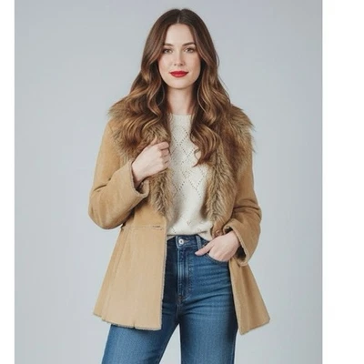 Винтажный GUESS пенни переулок пальто женщин большой Y2K меховой воротник желтовато-коричневый замши кожи   - Изображение 1 из 4