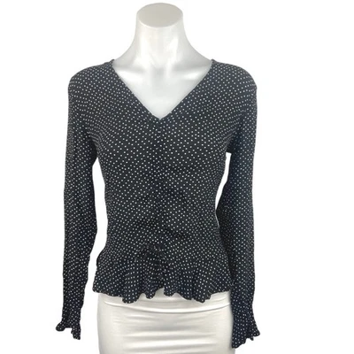 Blusa Top H&M Negra Blanca Lunares Volantes Cuello en V Manga Larga Peplum Talla 4 Foto 1 de 4