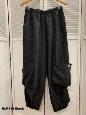 HLP113 Negro Grande Nuevo con Etiquetas Pantalones de Lino Match Point Pierna Ancha Bolsillo Suelto NUEVO Foto 1 de 4