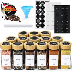 14 Pcs Spice Jars with Bamboo Lids - 4Oz Square Spice Bottles with Spice Labels, - Picture 1 of 12