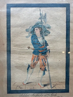 ANTIKE RADIERUNG VON 1790 HANDKOLORIERT SCHWEIZER SOLDAT AUS DEM 16-ten JH - Bild 1 von 4