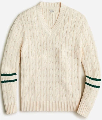 J.CREW NWT $118 J Crew Heritage Cotton Cable Knit Tennis Stripe V-Neck Sweater in Ivory