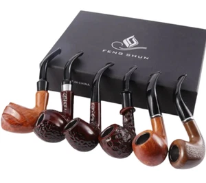 6x Classic Wooden Smoking Pipes Box Set Smoking Pipe Gift For Him Dad Men Xmas - Picture 1 of 5