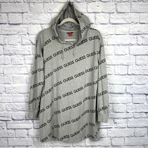 Guess T-Shirt Dress Small Gray Hoodie Long Sleeve Y2K AOP Spellout Oversized - Picture 1 of 9