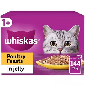 More details for 144 x 85g whiskas 1+ poultry feasts mixed adult wet cat food pouches in jelly