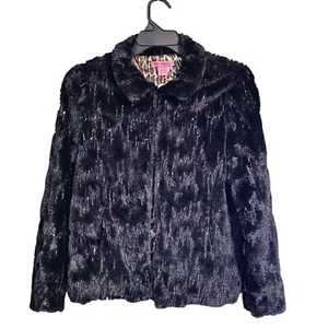 Betsey Johnson Womens S Black Sequin Stitch Faux Fur Jacket Animal Print Lining  - Picture 1 of 9