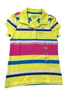 New Polo Tommy Hilfiger Kids Girl T-shirt Short Sleeve Striped Pink Yellow- XS - Picture 1 of 5