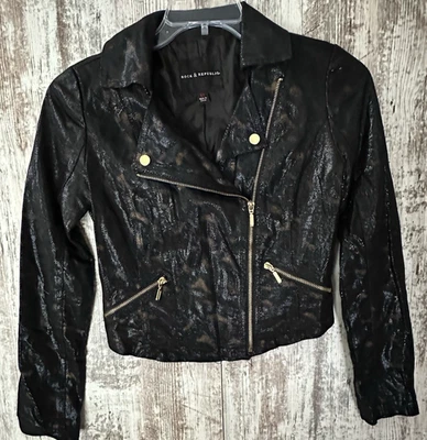 ROCK & REPUBLIC Women's Size XS Black/Bronze Shimmer Faux Leather Moto Jacket - Image 1 of 4