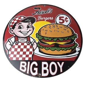 Vintage Big Boy Sign - 5 Cent Frisch's Fast Food Porcelain Gas Pump Sign - Picture 1 of 14