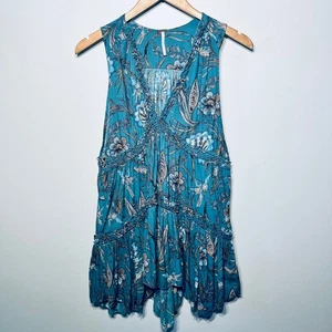 Free People tunica senza maniche blu acqua floreale boho cottagecore hi lo scollo a V S - Foto 1 di 6