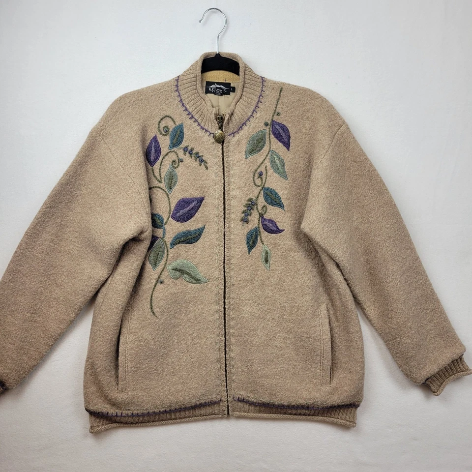 Cárdigan de lana floral diseño islandés vintage cremallera completa suéter abrigo talla L Foto 1 de 4