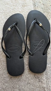 HAVAIANAS Black FLIP FLOPS Ladies THONGS SANDALS Slim SW CRYSTAL LOGO - Picture 1 of 5