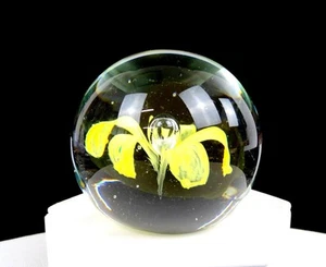 STUDIO ART GLASS YELLOW FLOWER AND CONTROLLED BUBBLE 2 3/8" PAPERWEIGHT - Picture 1 of 7
