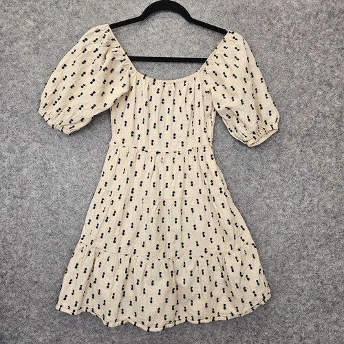 OFF WHITE Abito lino smocked donna XXS bianco sporco Dobby lattaia mini cottagecore SIM SAM