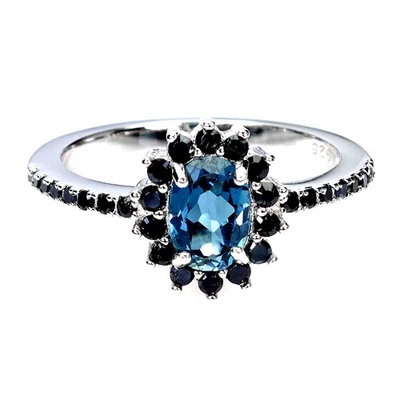 Anillo de plata de ley 925 ovalado topacio azul Londres 7x5 mm espinela piedras preciosas tamaño 7 Foto 1 de 4