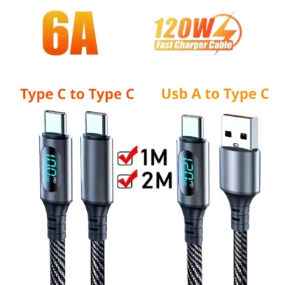 Digital Display USB A to Type C Fast Charger Cable 120W Braided USB-C Long Lead - Image 1 of 4