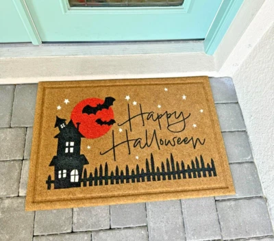 MOHAWK HOME Happy Halloween Outdoor Coir Doormat Spooky Season House Bats Mat 24x36" Orange
