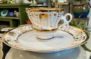 Exquisite Antique J & C Porcelain Gold Painted Teacup & Saucer Set - Picture 1 of 6
