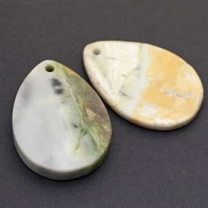 2 flat Picasso jasper teardrop pendants front drill green grey stone avg 39mm - Picture 1 of 5