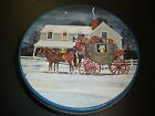 vintage round tin Stage Coach in winter at farm house at night 8" X 3"