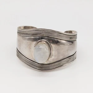 Vtg Sterling Silver Wide Band Cuff Bracelet Moonstone Cabochon Modernist Bali - Picture 1 of 7