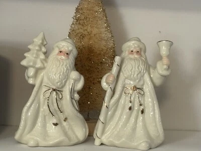 Set of 2 White Porcelain Santa Figures Shelf Sitter Figurines 6" w gold trim - Image 1 of 4