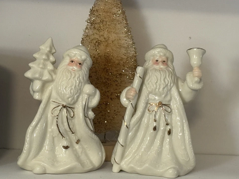 Set of 2 White Porcelain Santa Figures Shelf Sitter Figurines 6" w gold trim - Image 1 of 4