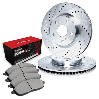 For Jaguar XKR 00-06 R1 Concepts Drilled & Slotted Rear Brake Kit w Optimum Pads - Image 1 of 3