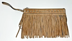 Michael Kors Billy XL Cement Fringe Suede Zip Clutch EUC - Picture 1 of 5