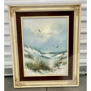 Pintura al óleo sobre lienzo original de playa náutica océano de Edward Runci madera ornamentada - Imagen 1 de 5